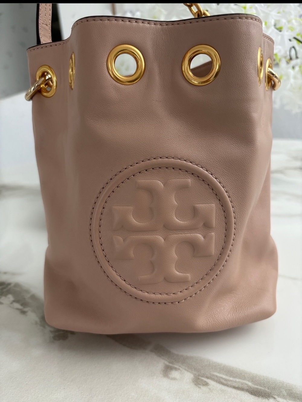Tory Burch Mini Bucket Bag in tan with Gold Hardware